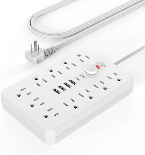 JouleLoom Power Strip Surge Protector with 11 Outlets, 4 USB and 2 USB C Ports, 5 Ft Extension Cord, Flat Plug, Wall Mount, Overload Protection Desk USB Charging Station for Home, Office（White）