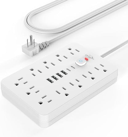 JouleLoom Power Strip Surge Protector with 11 Outlets, 4 USB and 2 USB C Ports, 5 Ft Extension Cord, Flat Plug, Wall Mount, Overload Protection Desk USB Charging Station for Home, Office（White）