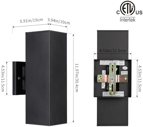 mirrea 12" Modern Outdoor Porch Light in 2 Lights, Matte Black, 2 Pack