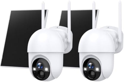 Poyasilon 2-Pack Solar Security Camera Wireless Outdoor, 2K, Color Night Vision, Two-Way Talk, Dual Spotlights, Cloud/SD Storage, 2.4GHz WiFi, Light White