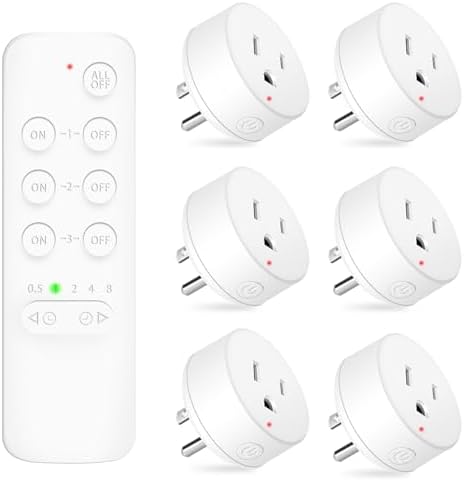 NineLeaf Remote Timer Outlet, Wireless Remote Control Plug Programmable, 500FT Long Range, 15A/1500W Plug in Light Switch, No Wiring Needed for Lamps, Fans, Christmas Lights,1Remote 6Outlets