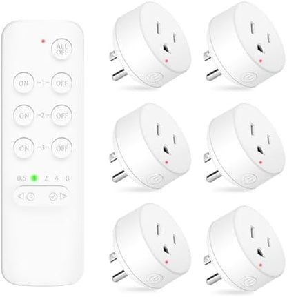NineLeaf Remote Timer Outlet, Wireless Remote Control Plug Programmable, 500FT Long Range, 15A/1500W Plug in Light Switch, No Wiring Needed for Lamps, Fans, Christmas Lights,1Remote 6Outlets