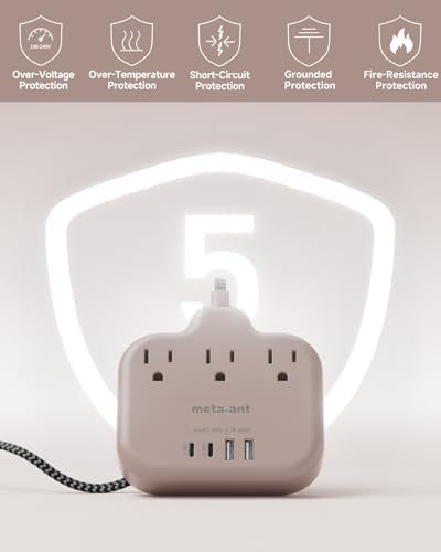 Brown Extension Cord with USB C - 5 FT Flat Braided Extension Cord with 3 Outlets & 4 USB Ports (2 USB-C), 1625W Tan Cord for Brown Tan Wood Walnut Grain Desk Accessories