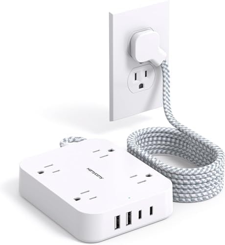 10 Ft Extension Cord, Flat Power Strip with 4 Outlets 4 USB Ports (2 USB C)