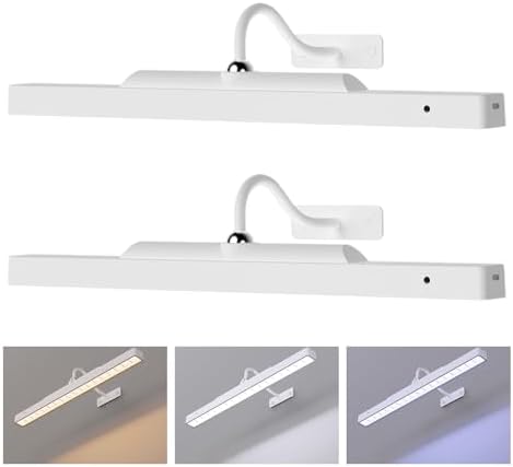 Cordless White Picture Lights for Wall Artworks - Wireless Remote, 3 Modes Dimmable 350LM Above Frame Lighting, 5000mAh Rechargeable Battery Wall Mount for Photo, Gallery,Paintings,Dartboard(2-Pack)