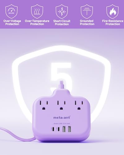 Purple Extension Cord with 3 AC Outlets and 4 USB(2 USB-C) Ports, 1625W Purple Travel Power Strip, Cute Kawaii Desk Accessories forfor Travel Curise Office Dorm Kitchen