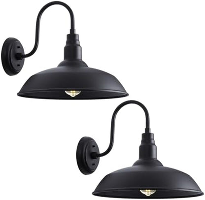 16 Inch Gooseneck Light Fixture for Barn Door, 2 Pack Large Barn Lights for Front Porch, Black Outdoor Farmhouse Light with Goose Neck Arm, Exterior Wall Dome Lighting for House Garage