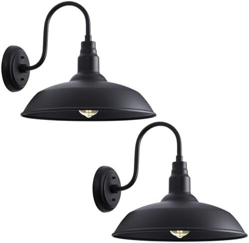 16 Inch Gooseneck Light Fixture for Barn Door, 2 Pack Large Barn Lights for Front Porch, Black Outdoor Farmhouse Light with Goose Neck Arm, Exterior Wall Dome Lighting for House Garage