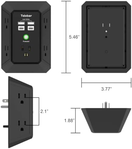 Wall Charger, Surge Protector, Teiobar 5 Outlets and 4 USB Ports(2USB-C)