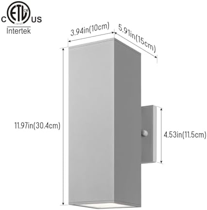 mirrea 12" Modern Outdoor Porch Light in 2 Lights, Matte Gray, 2 Pack