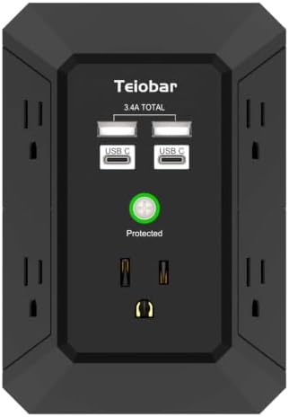 Wall Charger, Surge Protector, Teiobar 5 Outlets and 4 USB Ports(2USB-C)