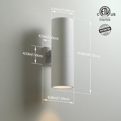 mirrea 18" Modern Outdoor Porch Light in 2 Lights, Matte White, 2 Pack