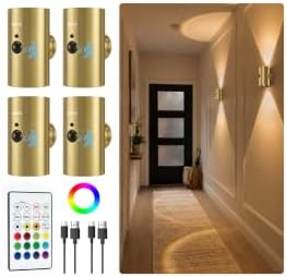 EZVALO Motion Sensor Wall Sconces, Rechargeable Battery Operated 4000mAh Wall Lights, 3 Color Temperatures & 12 RGB, Wireless LED Lighting with Remote for Hallway, Living Room (Brushed Gold, 4 Pack)