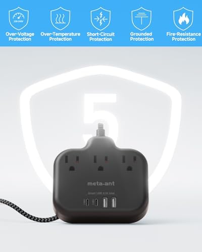 10FT Cruise Approved Power Strip with USB C - Black Flat Plug Extension Cord with 3 Outlets & 4 USB Ports (2 USB-C), No Surge Protector for Cruise, Kitchen, Bathroom, Travel