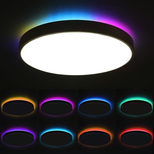Smart WiFi LED Ceiling Light 12" Modern Wood Flush Mount with Remote
