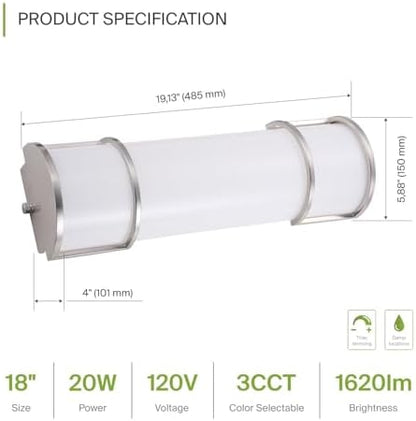 ASD LED 18" Vanity Flush Mount Light Fixture, Linear Bathroom Lighting Bar | 3CCT, Dimmable, Energy Star, ETL Listed | 20W 1650LM 3000-5000K 120V | Long Tube Bath Wall Sconce Over Mirror | Nickel