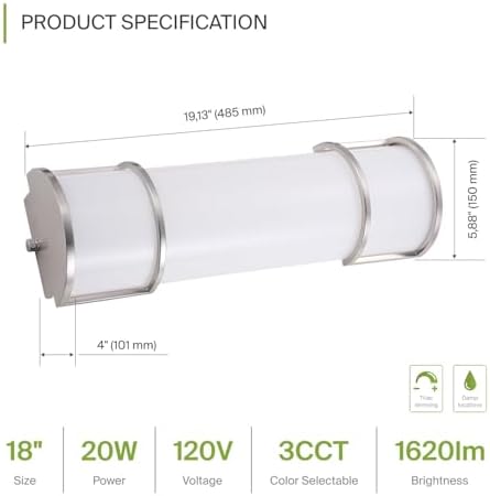 ASD LED 18" Vanity Flush Mount Light Fixture, Linear Bathroom Lighting Bar | 3CCT, Dimmable, Energy Star, ETL Listed | 20W 1650LM 3000-5000K 120V | Long Bath Wall Sconce Over Mirror | Nickel, 2 Pack