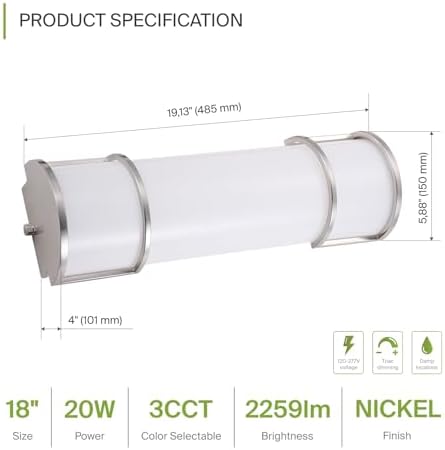ASD LED 18" Vanity Flush Mount Light Fixture, Linear Bathroom Lighting Bar | 3CCT, Dimmable, ETL Listed | 20W 2300LM 3000-5000K 100-277V | Long Tube Bath Wall Sconce Over Mirror | Nickel