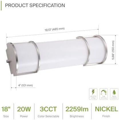 ASD LED 18" Vanity Flush Mount Light Fixture, Linear Bathroom Lighting Bar | 3CCT, Dimmable, ETL Listed | 20W 2300LM 3000-5000K 100-277V | Long Tube Bath Wall Sconce Over Mirror | Nickel