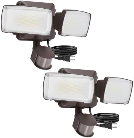 LUTEC 21W 2 Pack Plug in Motion Sensor Light Outdoor, Flood Lights Outdoor Motion Sensor,2500LM, 5000K Daylight,IP65 Waterproof,Adjustable 2 Heads Wall Light for Garage, Porch, Yard - Brown
