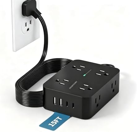 Long Surge Protector Power Strip 15 Ft, Extension Cord Flat Wall Plug 1080J