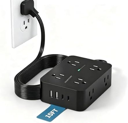 Long Surge Protector Power Strip 15 Ft, Extension Cord Flat Wall Plug 1080J