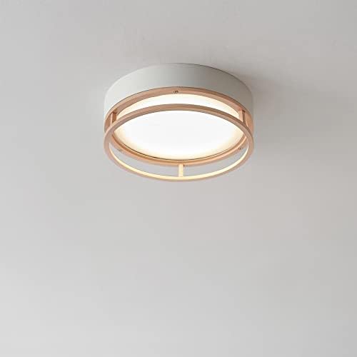 Globe Electric 66000038 18.5W LED Integrated Outdoor Indoor Flush Mount Ceiling Light Fixture, Matte White, Wood Toned Accent, Home Improvement, Front Porch Lighting