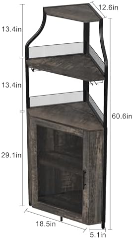 GAOMON Corner Bar Storage Cabinet, 5-Tier Farmhouse Liquor Cabinet with Glass Holder Wine Cabinet with Barn Door & Adjustable Shelf, Home Bar Storage for Home,Dining Room, Kitchen, Oak Gray