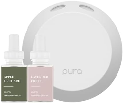 Pura Smart Home Fragrance Device Starter Set - Pura 4 - Scent Diffuser for Home - Includes Fragrance Aroma Diffuser - Square Box, Apple Orchards and Lavender Fields Scent Refills
