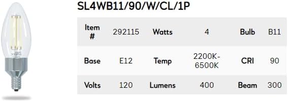 Bulbrite Solana 1-Pack 40 Watt Equivalent B11 Smart WiFi Connected 90CRI Chandelier LED Light Bulb, Clear