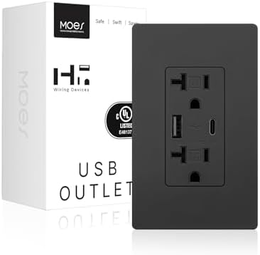 MOES USB Wall Outlet 20 Amp, USB-C and USB-A 24W Charging, Black, 1 Pack