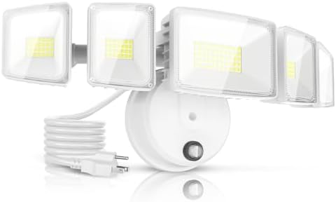 Onforu 150W 15000LM Dusk to Dawn Outdoor Lighting,5 Heads Plug in Flood Lights,6500K Super Bright Automatic White Outdoor Lighting,IP66 Waterproof Hardwired LED Security Lights for Garage,Yard,Outside