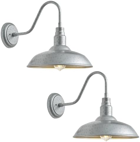 10in Outdoor Gooseneck Barn Lights Silver Gray Exterior Porch Gooseneck Wall Mount Lighting Fixture, 2 Pack Brushed Silver Barn Style Outside Wall Sconce for House, Garage, Farmhouse