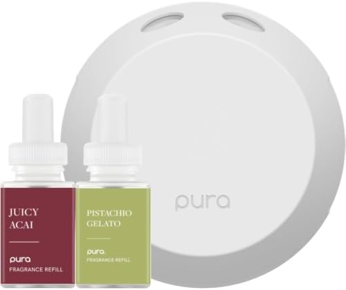 Pura - Smart Home Fragrance Device Starter Set - Pura 4 - Scent Diffuser for Home - Includes Fragrance Aroma Diffuser - Square Box, Juicy Acai and Pistachio Gelato Scent Refills
