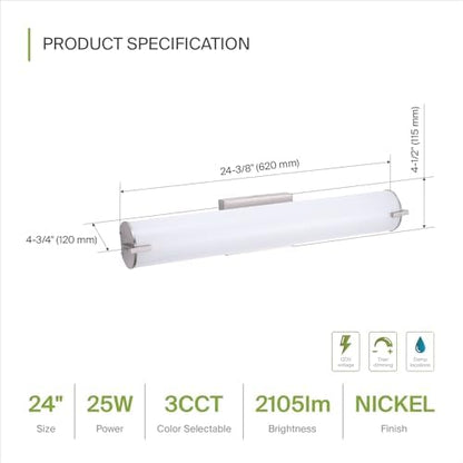 ASD LED 24" Vanity Wall Mount Light Fixture, Linear Bathroom Lighting Bar | 3CCT, Dimmable, Energy Star, ETL Listed | 25W 1950LM 3000-5000K 120V | Long Tube Bath Sconce Over Mirror | Nickel, 4 Pack