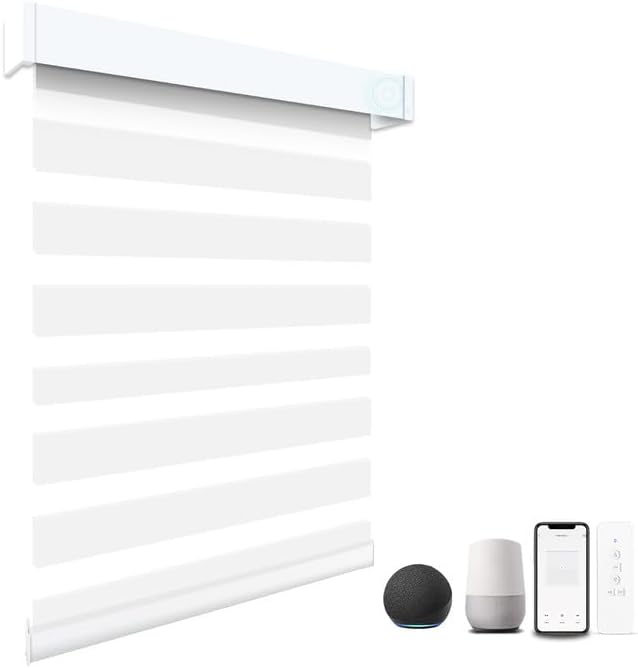 Motorized Blinds with Remote 95% Blackout Smart Electric Zebra Shades Built-in Rechargeable Automatic Blinds for Window Compatible with Alexa Google Luxurious White