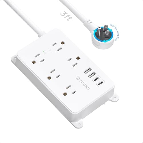 TROND 360° Rotating Flat Plug Power Strip, 3ft Extension Cord, White