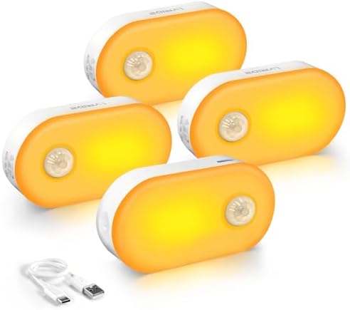 Lyridz Rechargeable Battery Night Light with Motion Sensor, Portable, Auto-Off, Dimmable for Bathroom, Bedroom, Kitchen, Stairs, Hallway, Pets, Travel, 4-Pack, Amber