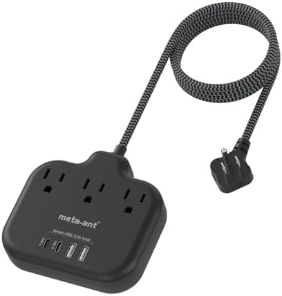 10FT Cruise Approved Power Strip with USB C - Black Flat Plug Extension Cord with 3 Outlets & 4 USB Ports (2 USB-C), No Surge Protector for Cruise, Kitchen, Bathroom, Travel