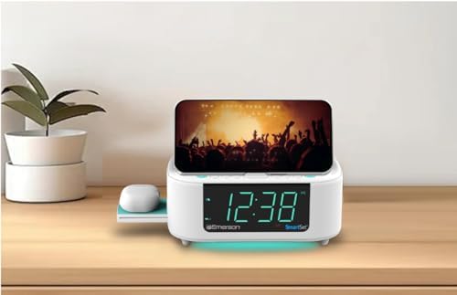 Emerson CKSW5010 Smartset Wireless Charging, Dual Alarm FM Clock, Bluetooth Radio/Speaker, 15W for Ultra-Fast Charging, 3W Retractable Port for Air Pods, White