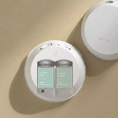 Pura - Smart Home Fragrance Device Starter Set - Pura 4 - Scent Diffuser for Home - Includes Fragrance Aroma Diffuser - Square Box, Water Lily and Linens & Surf Scent Refills