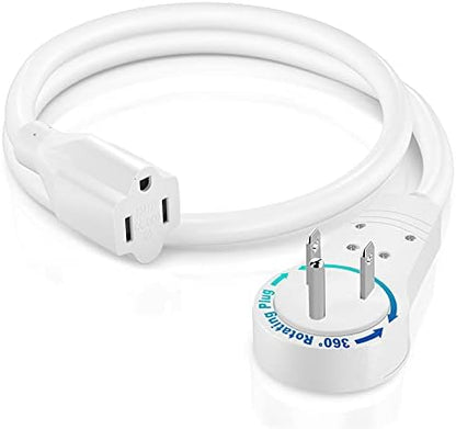 Maximm 1 Ft 360 Rotating Flat Plug Extension Cord, 14 AWG, White, UL