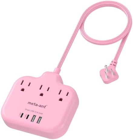 Pink Extension Cord with 3 AC Outlets & 4 USB Ports (2 USB-C), Pink Desk Accessories, 1625W Cute Extension Cord for Travel Curise Kawaii Desk Office Bedroom Accessories