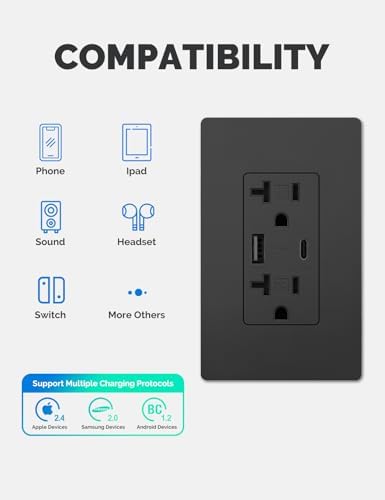 MOES USB Wall Outlet 20 Amp, USB-C and USB-A 24W Charging, Black, 1 Pack