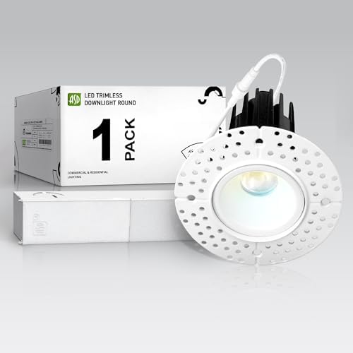 ASD 1 Inch Trimless LED Recessed Ceiling Light Fixture, Mud-in Canless Downlight with Junction Box, 5CCT Selectable 2700K-5000K, 7W 498 Lumens, CRI90+, Anti-Glare, Dimmable, IC & Wet Rated, ETL