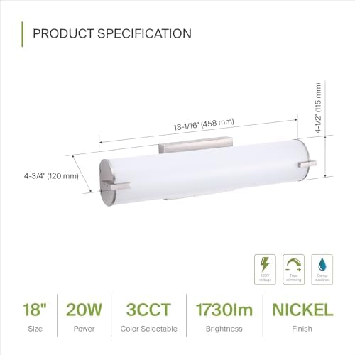 ASD LED 18" Vanity Wall Mount Light Fixture, Linear Bathroom Lighting Bar | 3CCT, Dimmable, Energy Star, ETL Listed | 20W 1500LM 3000-5000K 120V | Long Tube Bath Sconce Over Mirror | Nickel