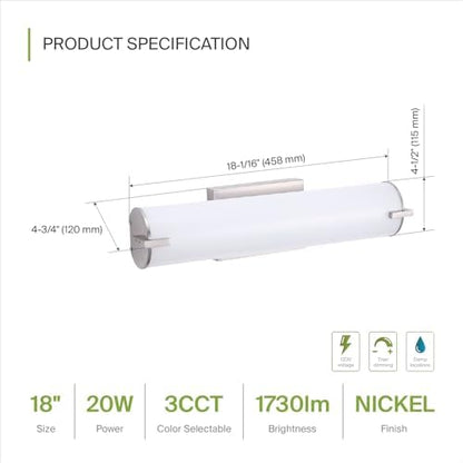 ASD LED 18" Vanity Wall Mount Light Fixture, Linear Bathroom Lighting Bar | 3CCT, Dimmable, Energy Star, ETL Listed | 20W 1500LM 3000-5000K 120V | Long Tube Bath Sconce Over Mirror | Nickel