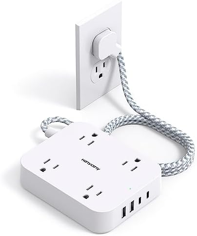 Flat Plug Extension Cord, 4 Widely Power Strip with 4 USB Ports(2 USB C)