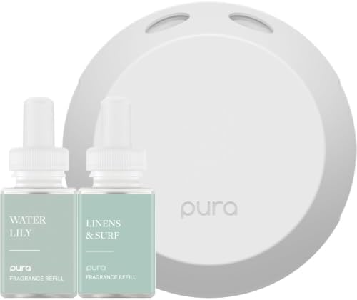 Pura - Smart Home Fragrance Device Starter Set - Pura 4 - Scent Diffuser for Home - Includes Fragrance Aroma Diffuser - Square Box, Water Lily and Linens & Surf Scent Refills