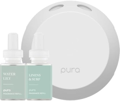 Pura - Smart Home Fragrance Device Starter Set - Pura 4 - Scent Diffuser for Home - Includes Fragrance Aroma Diffuser - Square Box, Water Lily and Linens & Surf Scent Refills